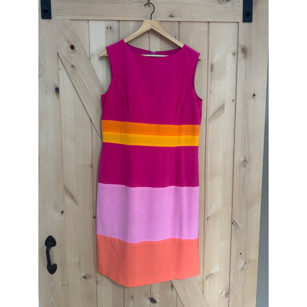 Deane & White | Pink Color Block Sleeveless Striped Silk Shift Dress | Size 12